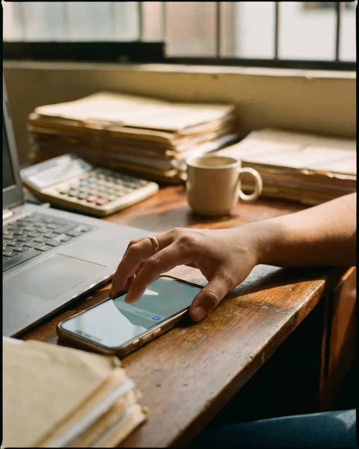 Una mano toma el celular sobre el escritorio de un estudio contable: acaba de llegar el aviso con el código de activación.